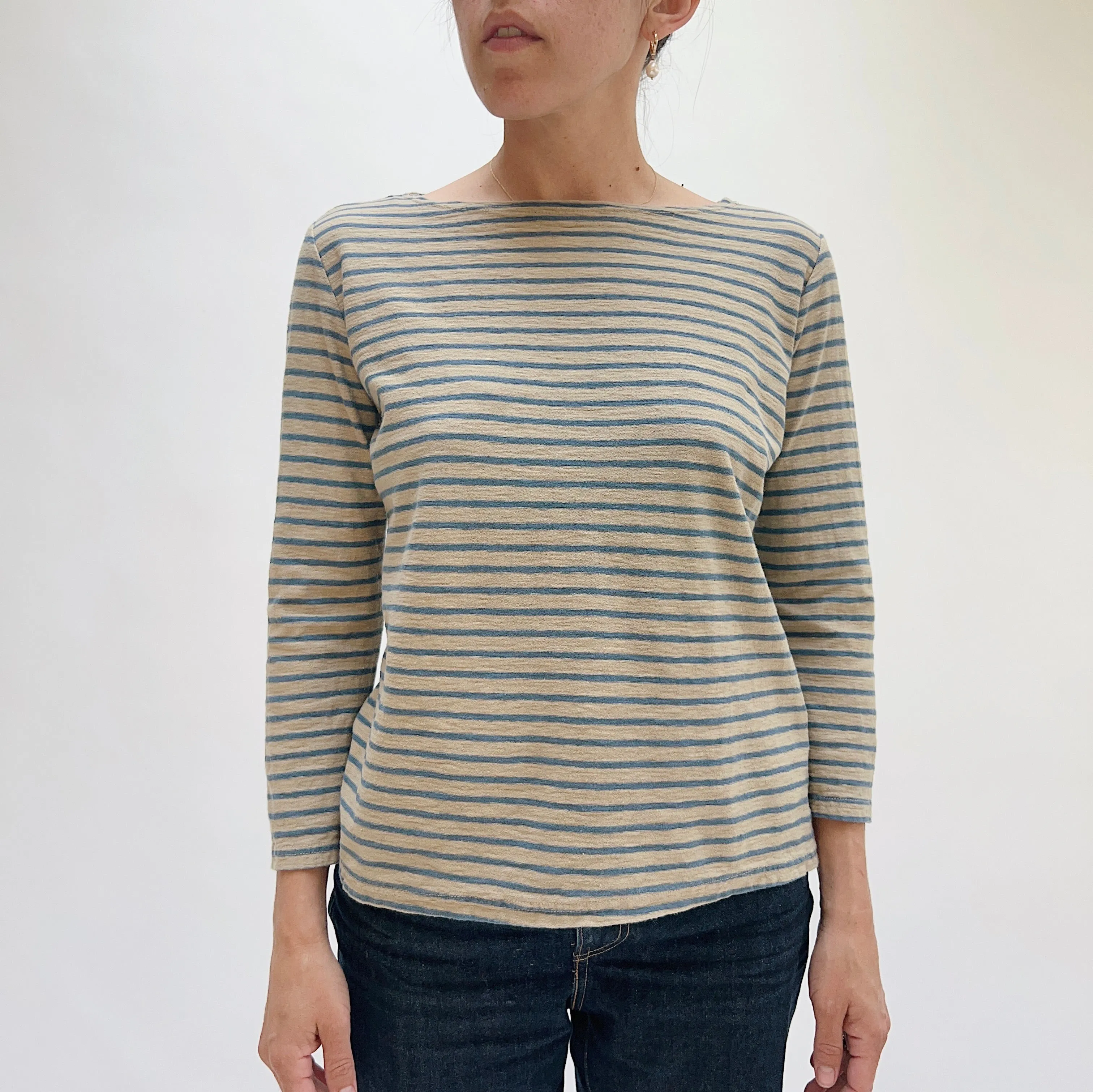 Cut Loose | 3/4 Sleeve Boatneck Linen Blend Top in Cashew & Blue Stripe