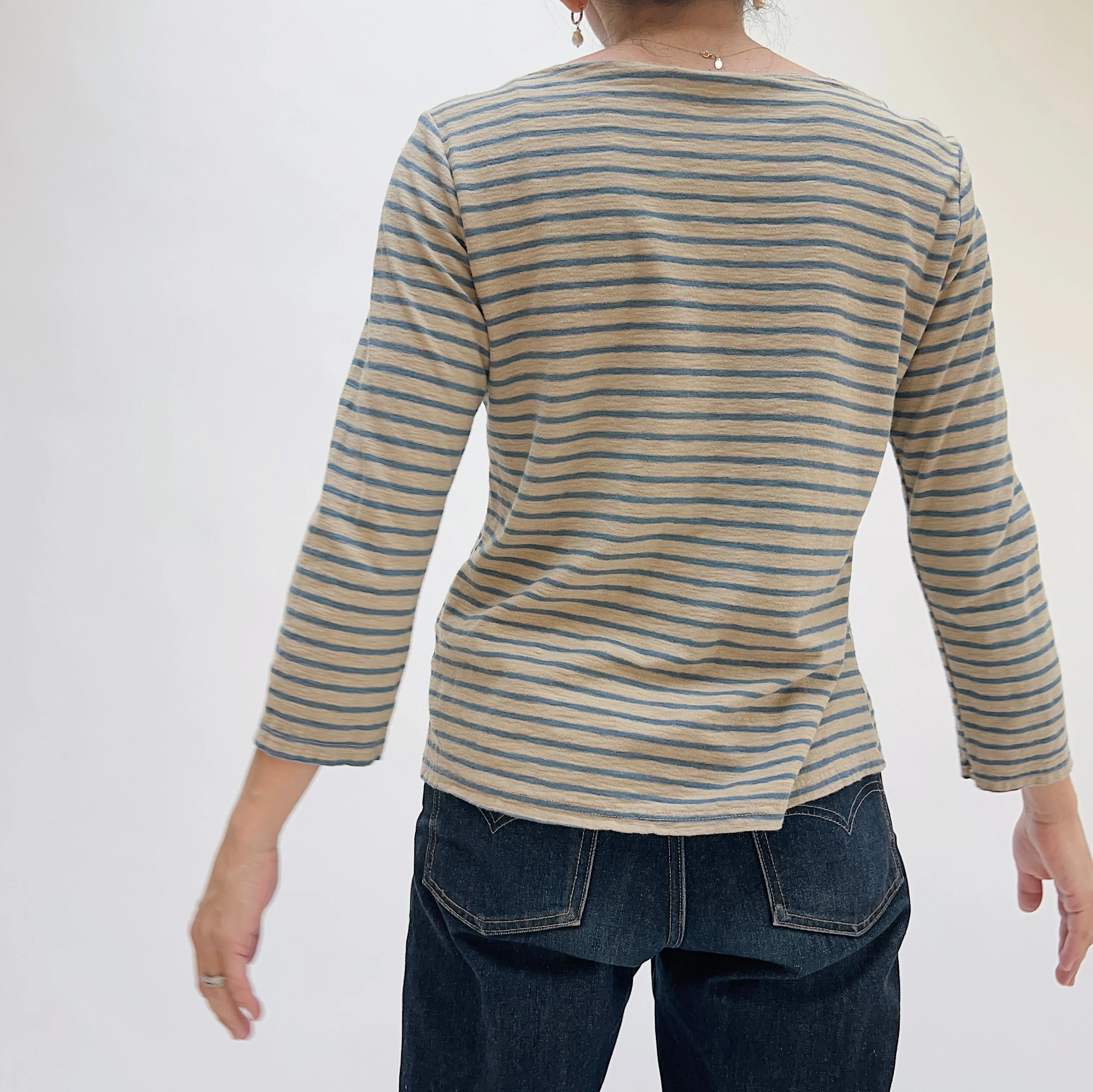 Cut Loose | 3/4 Sleeve Boatneck Linen Blend Top in Cashew & Blue Stripe