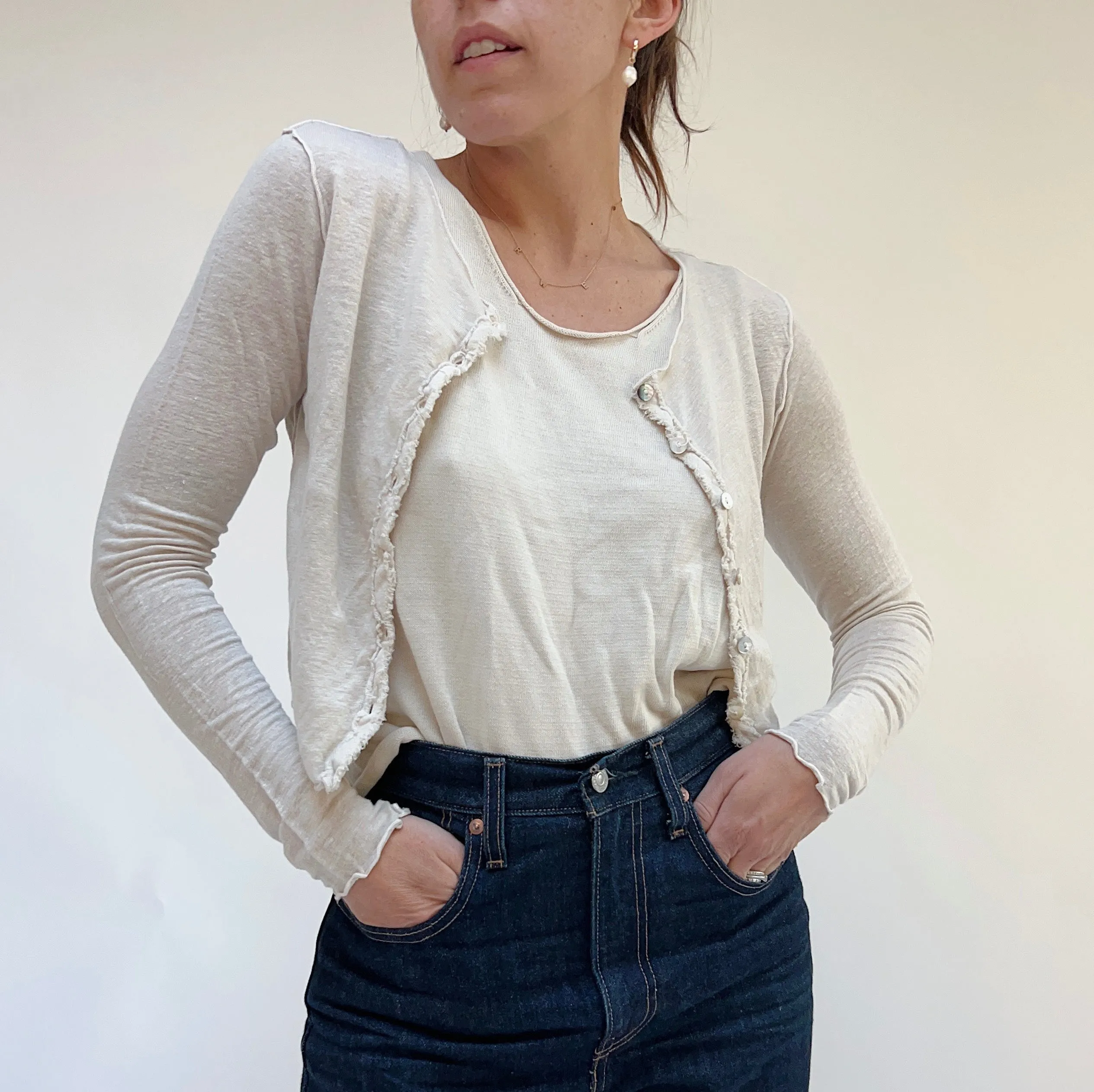 Cut Loose | Cropped Fine Linen Blend Cardigan in Jicama