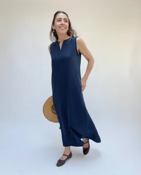 Cut Loose | Linen Split Neck Maxi Dress in Nightsky