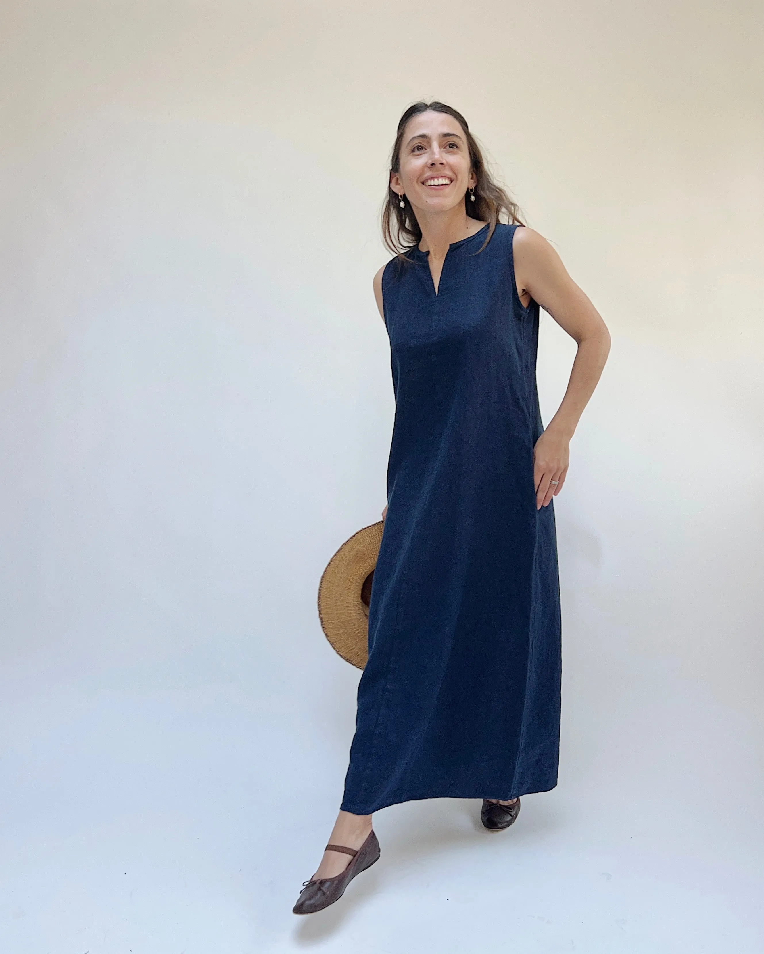 Cut Loose | Linen Split Neck Maxi Dress in Nightsky