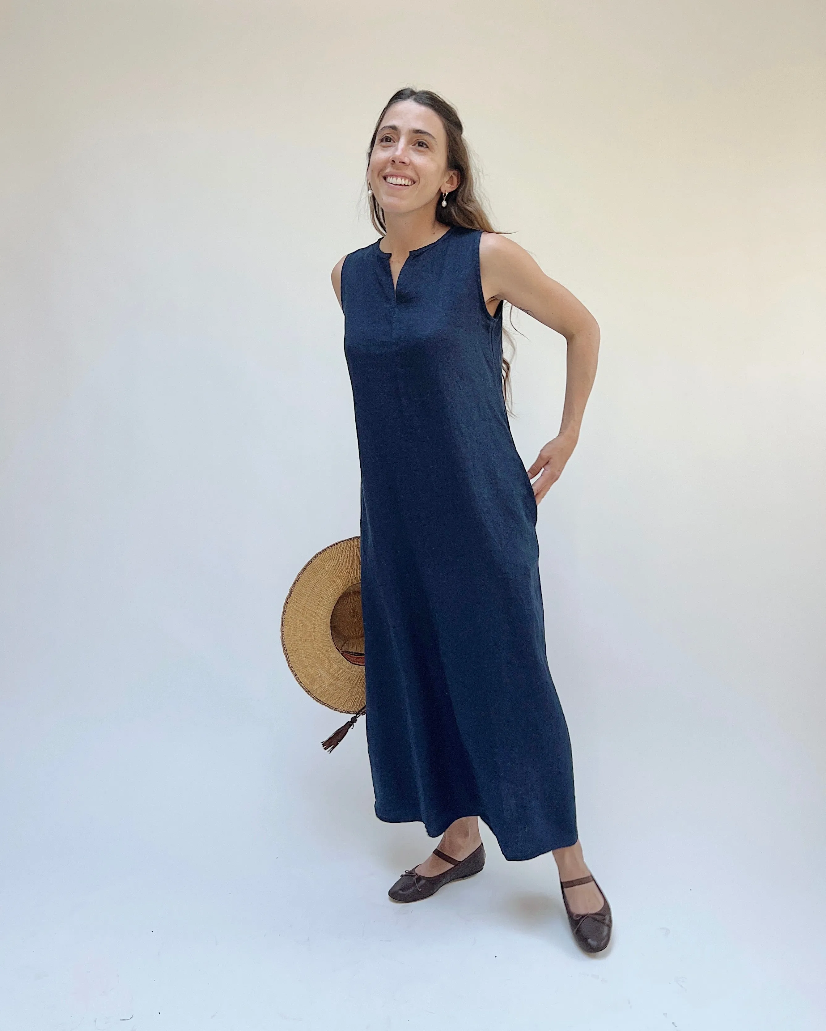 Cut Loose | Linen Split Neck Maxi Dress in Nightsky