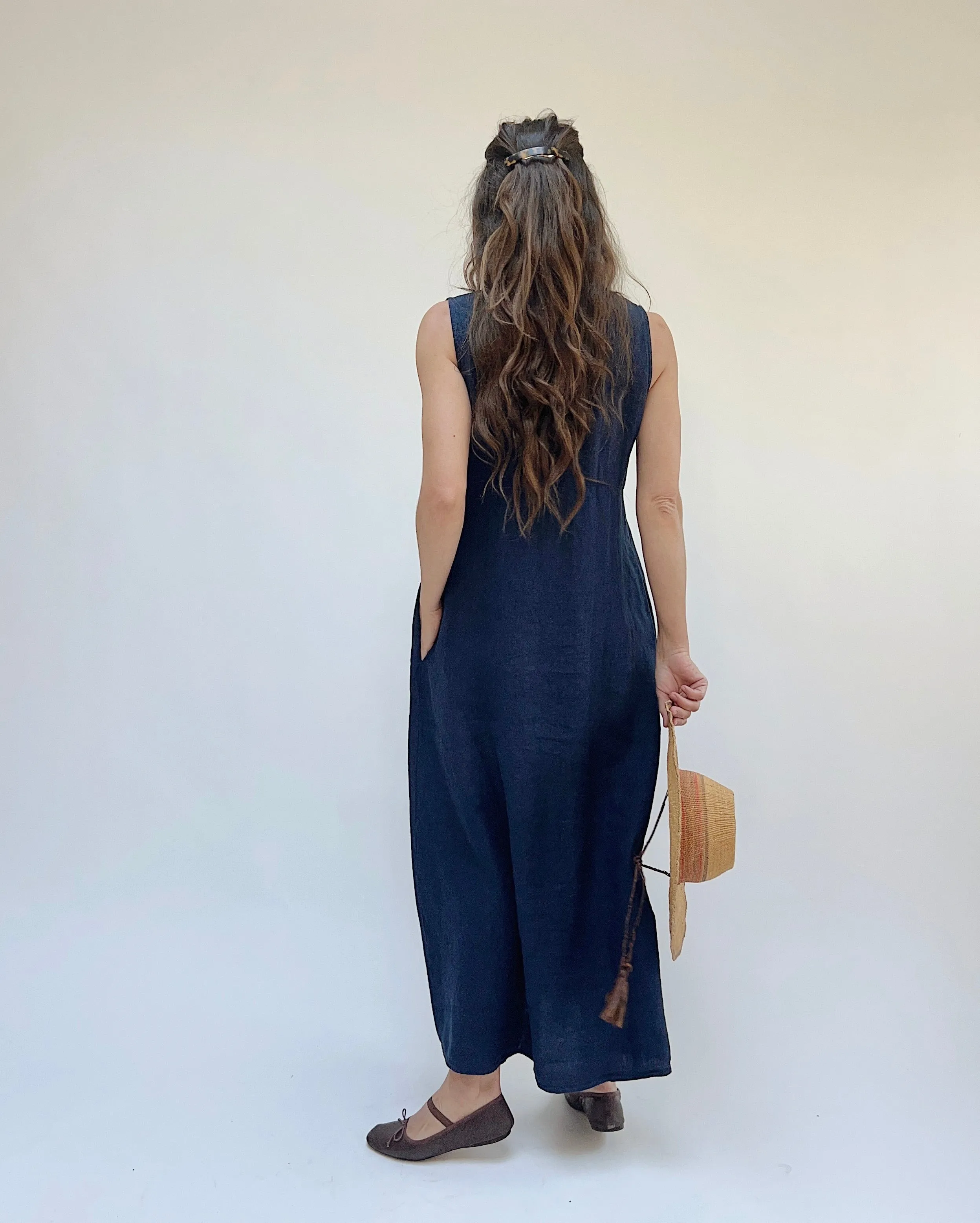 Cut Loose | Linen Split Neck Maxi Dress in Nightsky