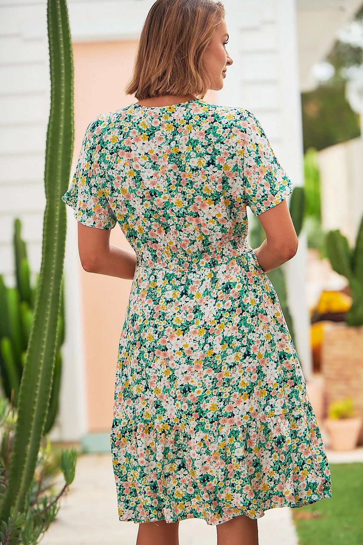 Dohar Cap Sleeve Multi Green Floral Button Front Dress