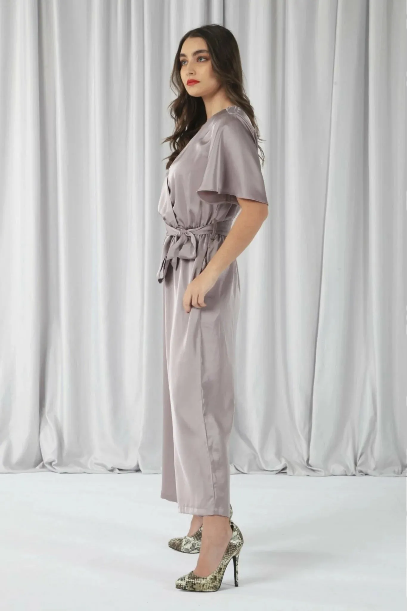 Double Second Lilac Wrap Front Satin Jumpsuit