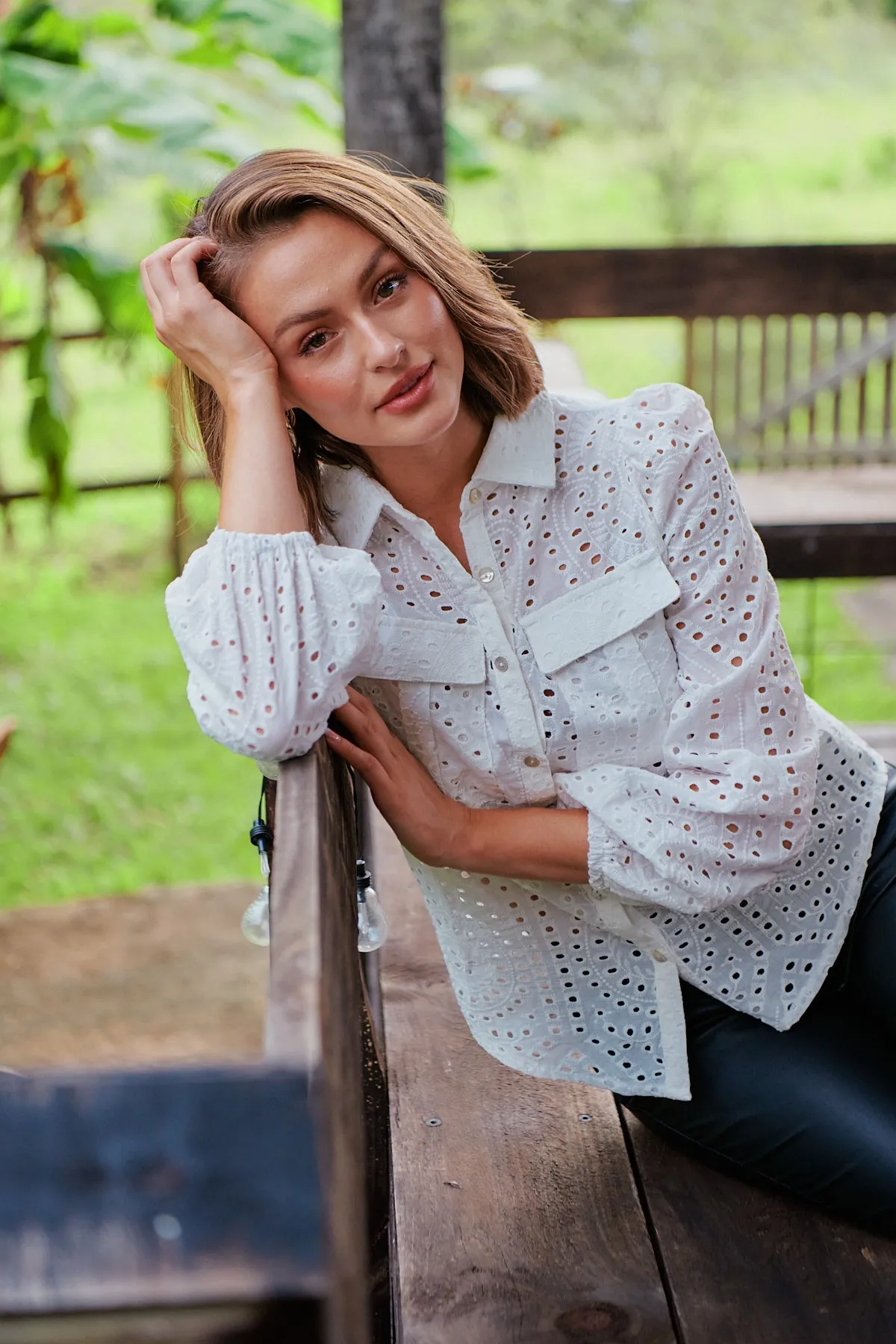 Elandra White Embroidery Long sleeve shirt