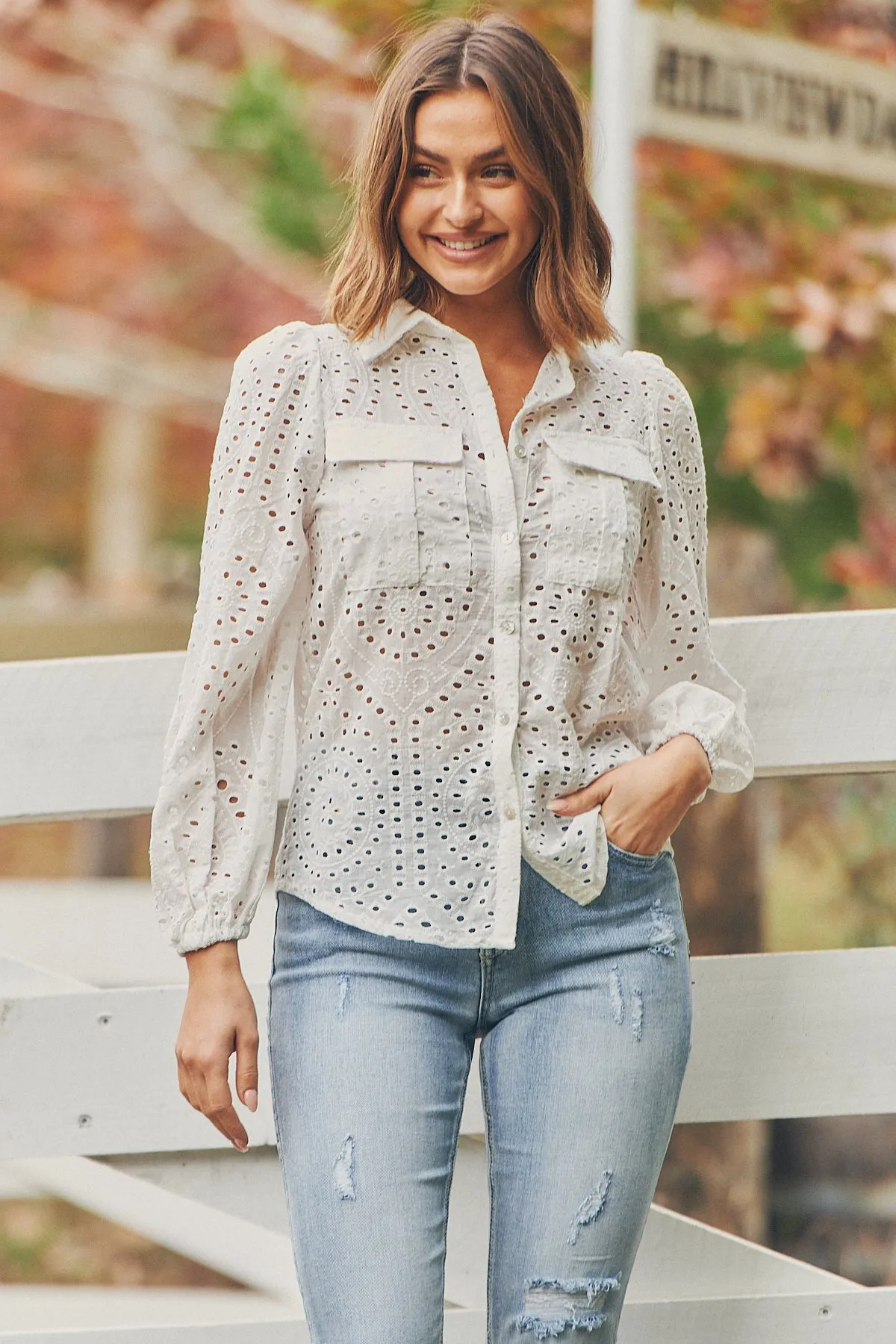 Elandra White Embroidery Long sleeve shirt