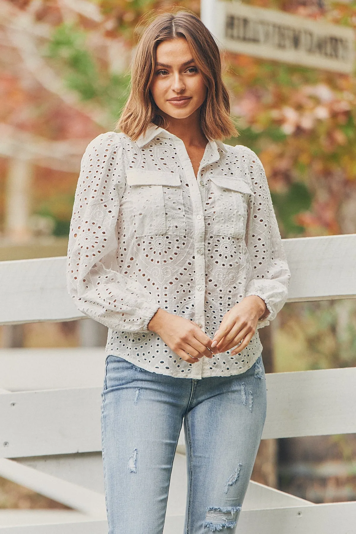 Elandra White Embroidery Long sleeve shirt