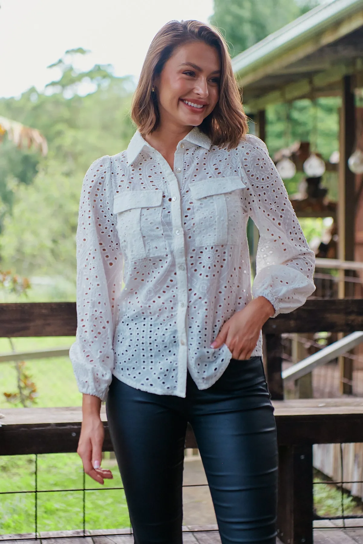 Elandra White Embroidery Long sleeve shirt