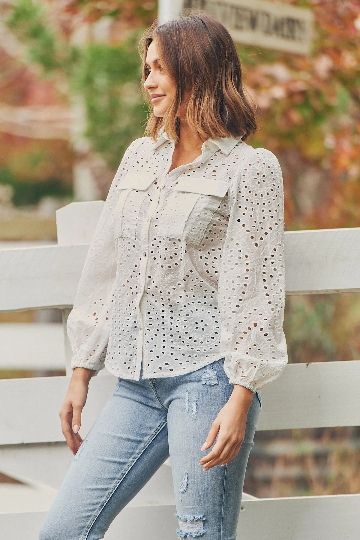 Elandra White Embroidery Long sleeve shirt