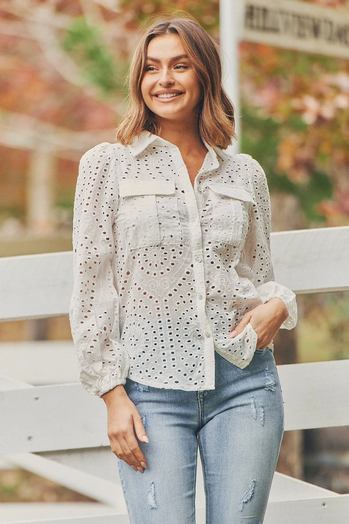 Elandra White Embroidery Long sleeve shirt