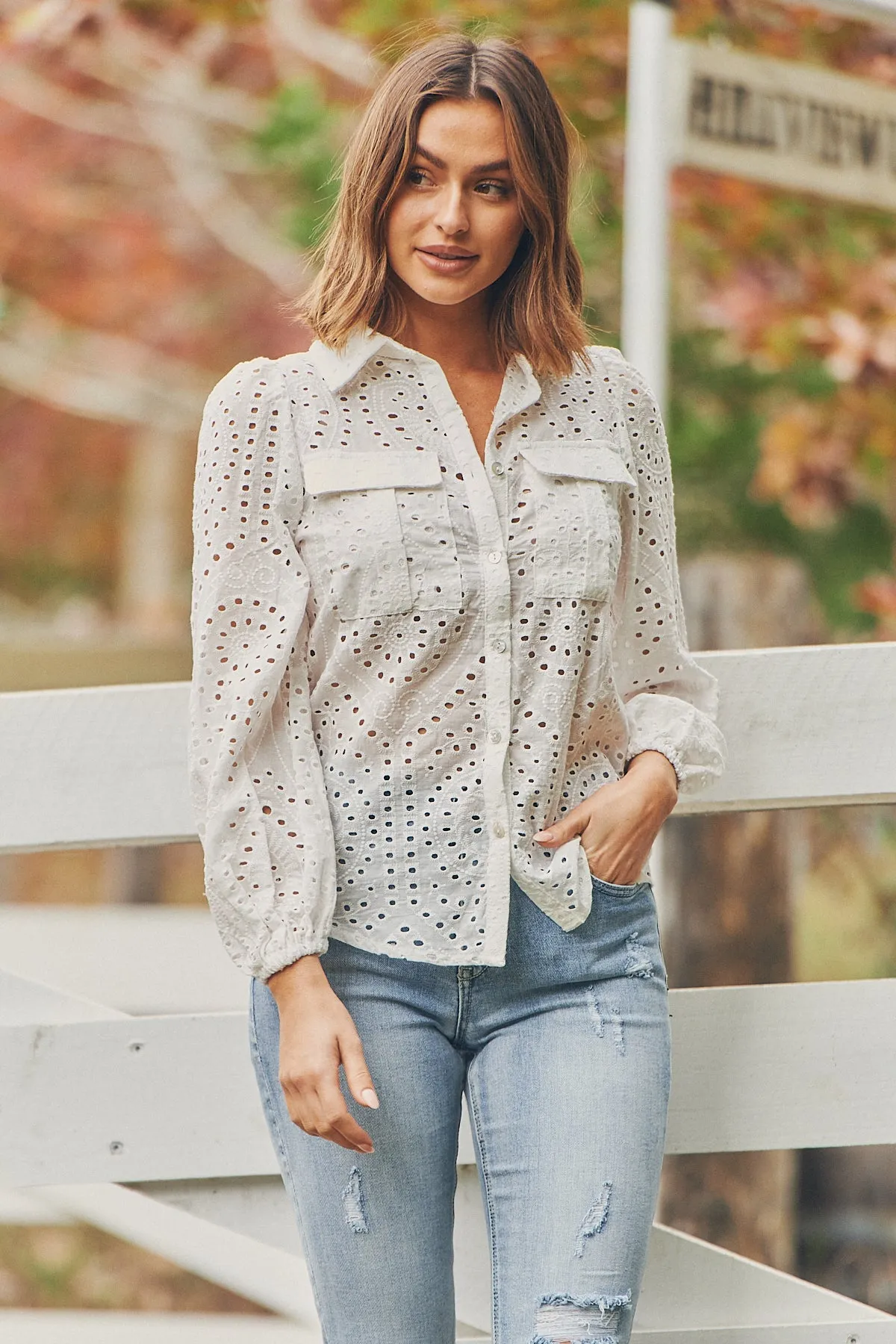 Elandra White Embroidery Long sleeve shirt