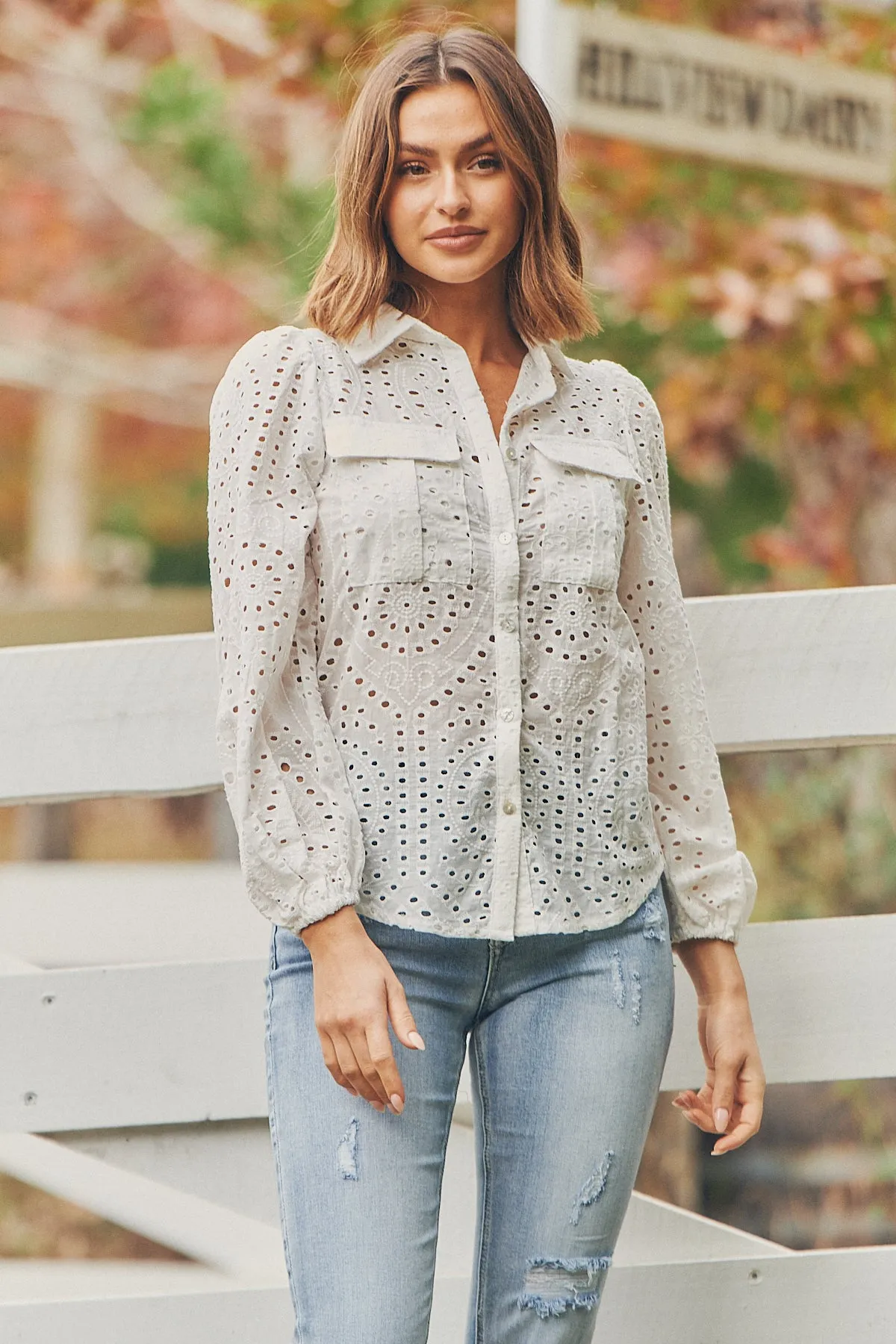 Elandra White Embroidery Long sleeve shirt