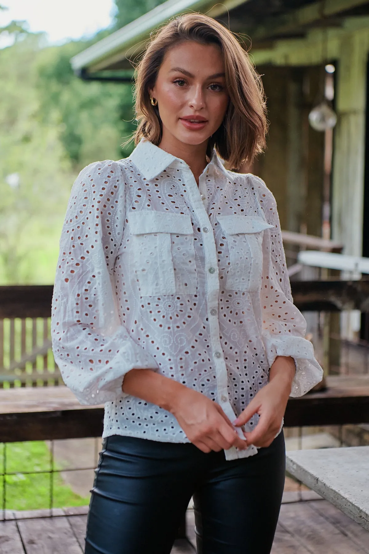 Elandra White Embroidery Long sleeve shirt