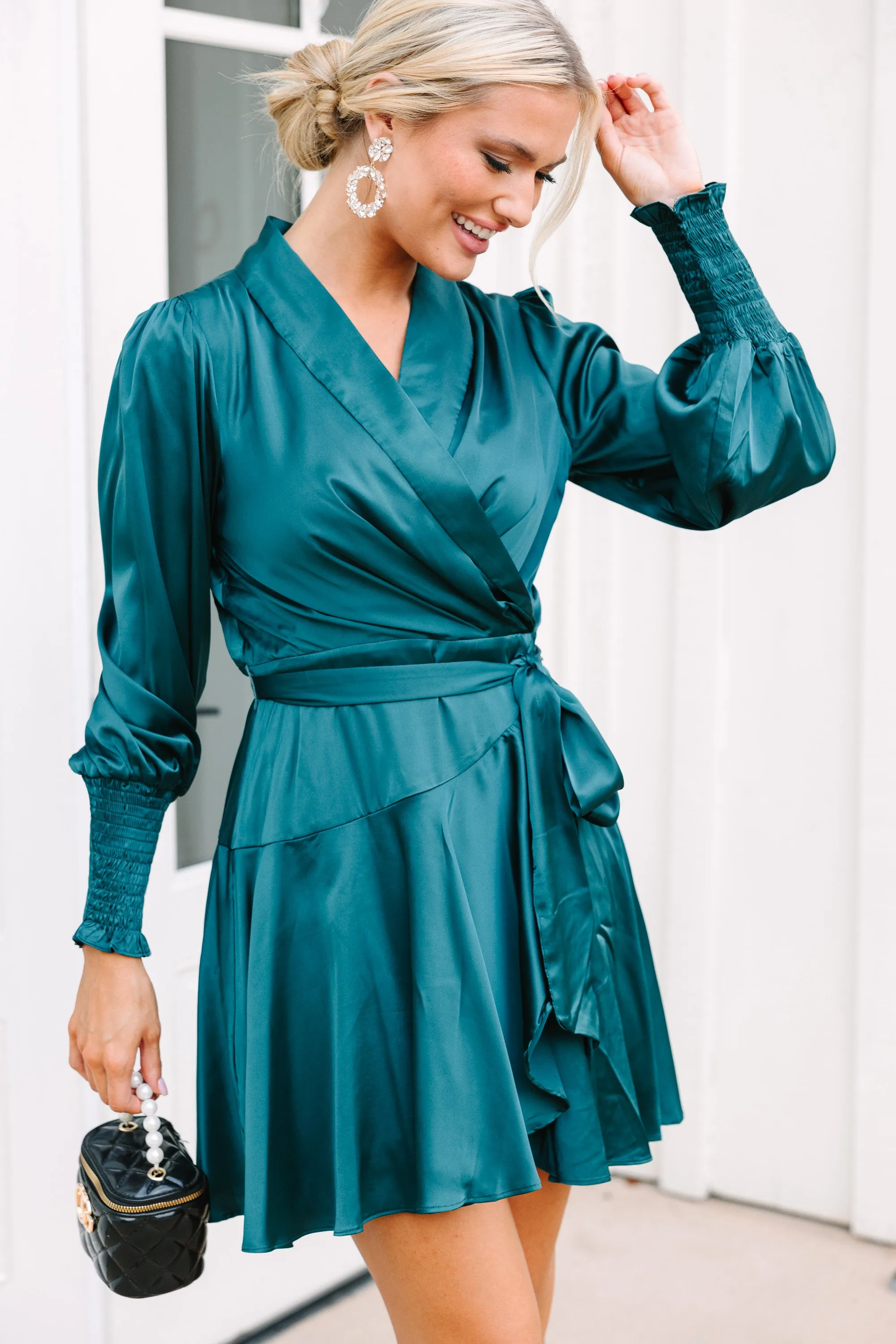 Fate: Just You Wait Teal Blue Satin Wrap Dress