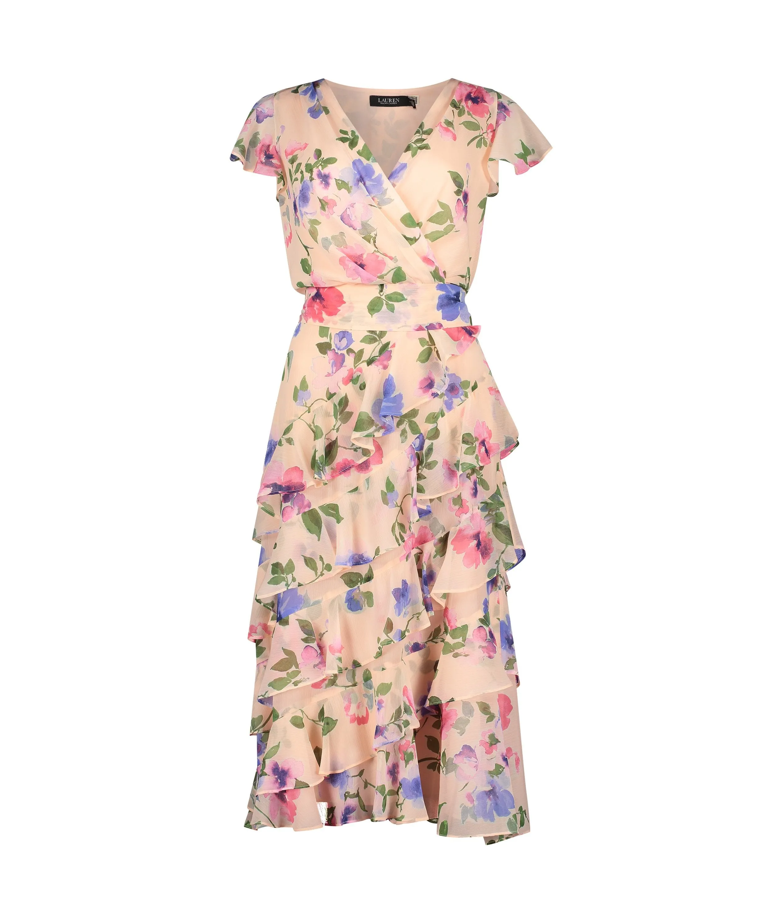 Floral Belted Crinkle Georgette Dress - Pink/Multi