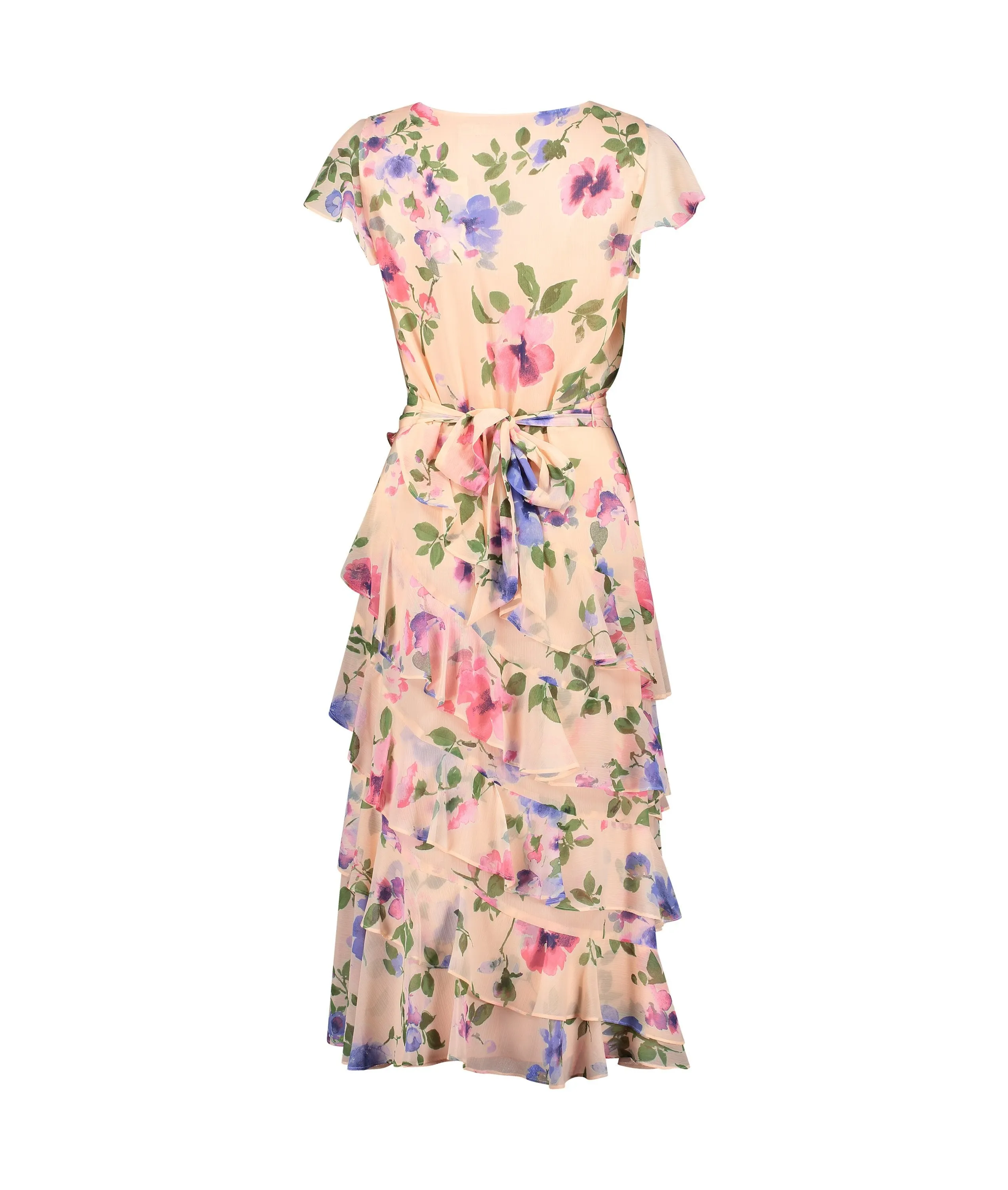 Floral Belted Crinkle Georgette Dress - Pink/Multi