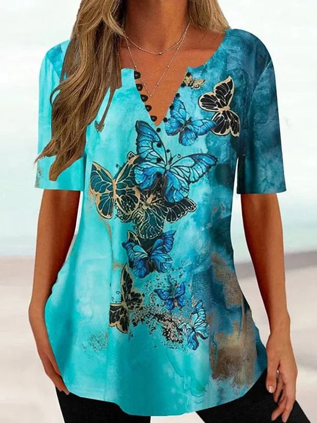 Floral Butterfly Print Women's T-Shirt Henley with Button-Down Short Sleeve Casual V-Neck