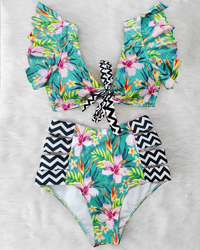 Floral Dreams Bikini-Set mit hoher Taille und Rüschen