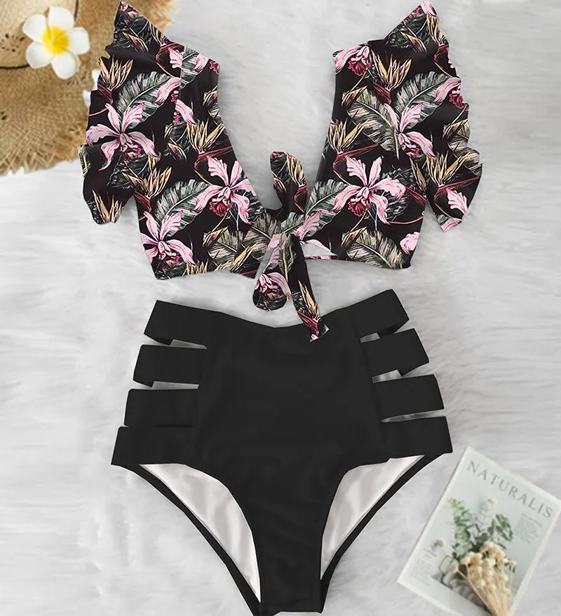 Floral Dreams Bikini-Set mit hoher Taille und Rüschen