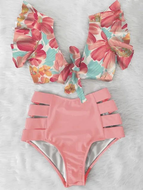 Floral Dreams Bikini-Set mit hoher Taille und Rüschen