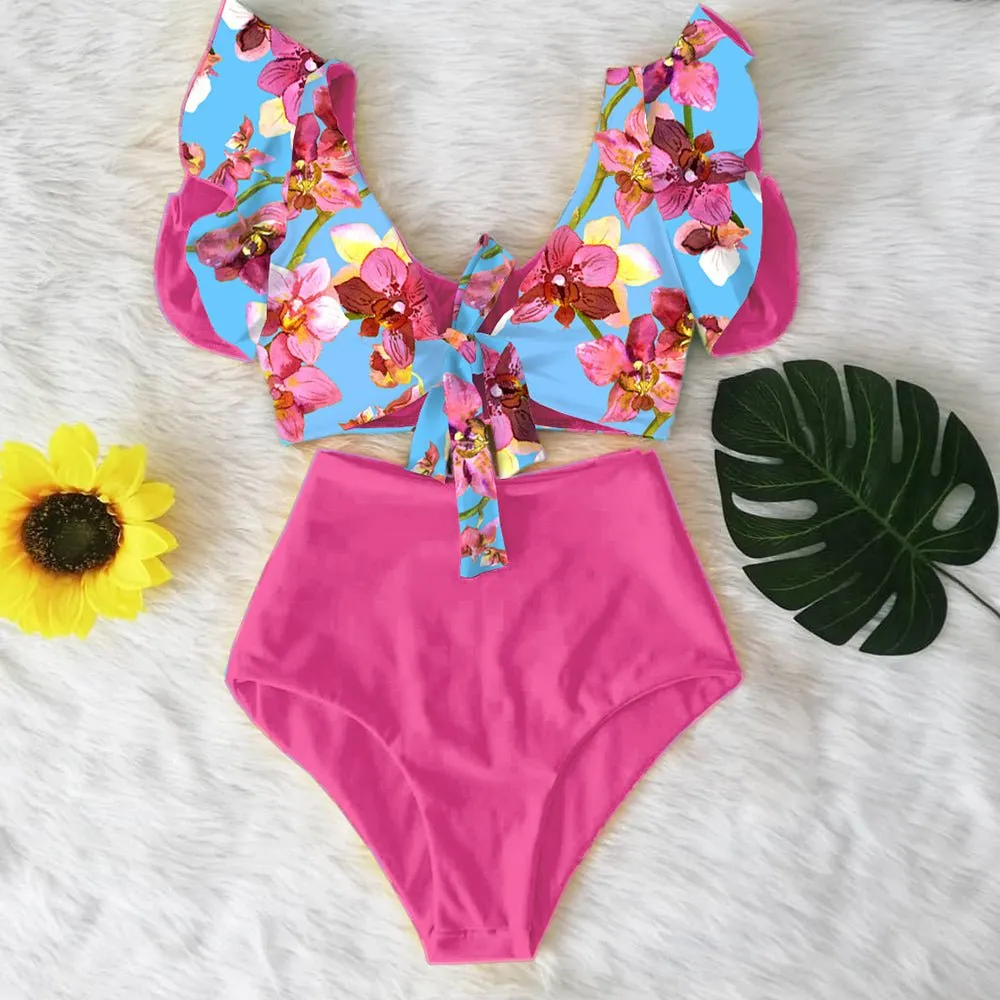 Floral Dreams Bikini-Set mit hoher Taille und Rüschen