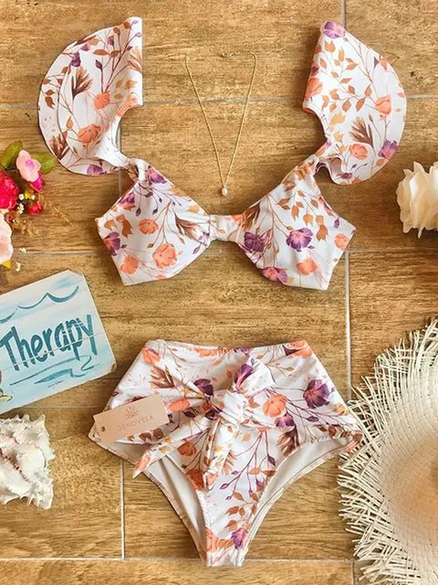 Floral Dreams Bikini-Set mit hoher Taille und Rüschen