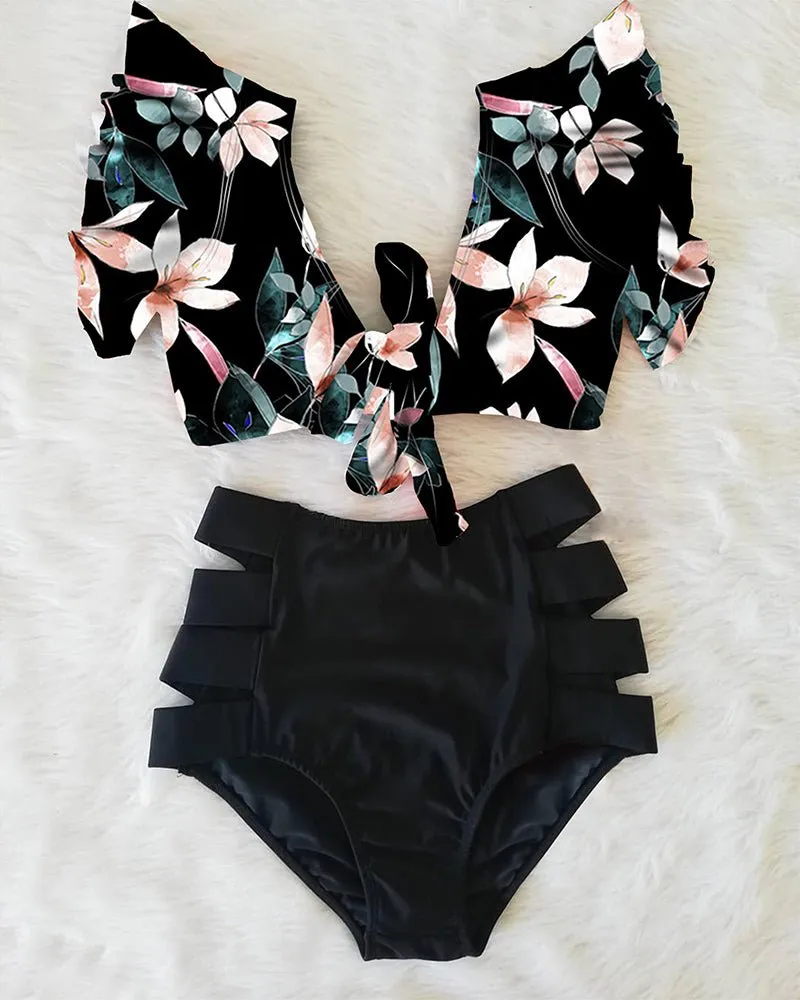 Floral Dreams Bikini-Set mit hoher Taille und Rüschen