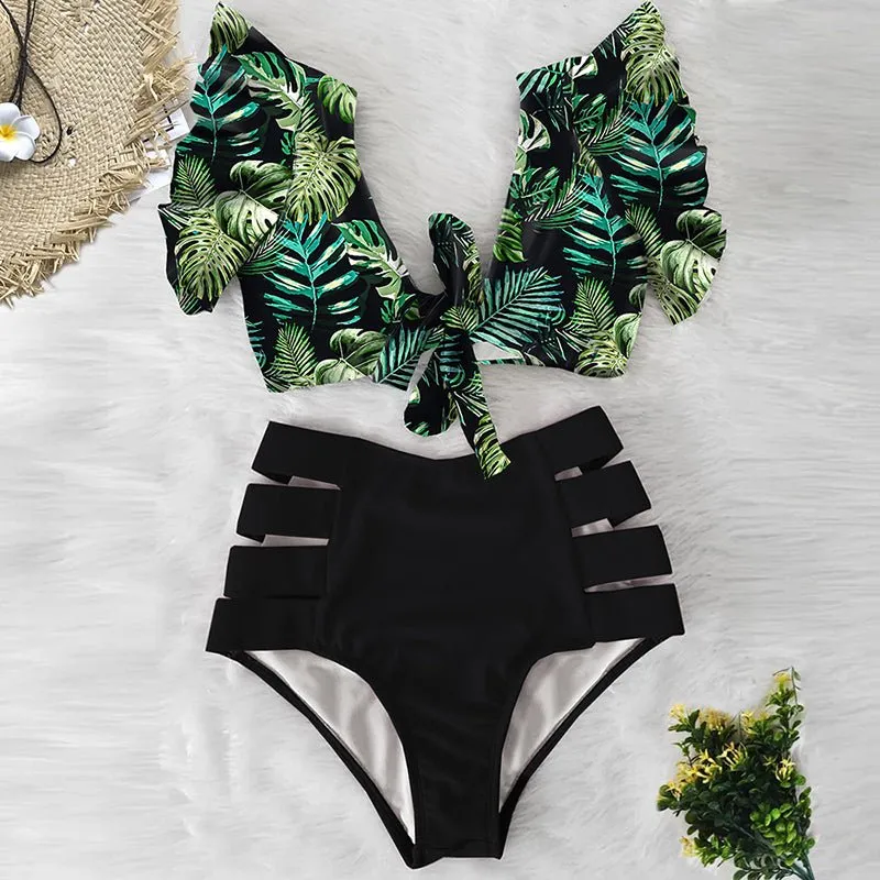 Floral Dreams Bikini-Set mit hoher Taille und Rüschen