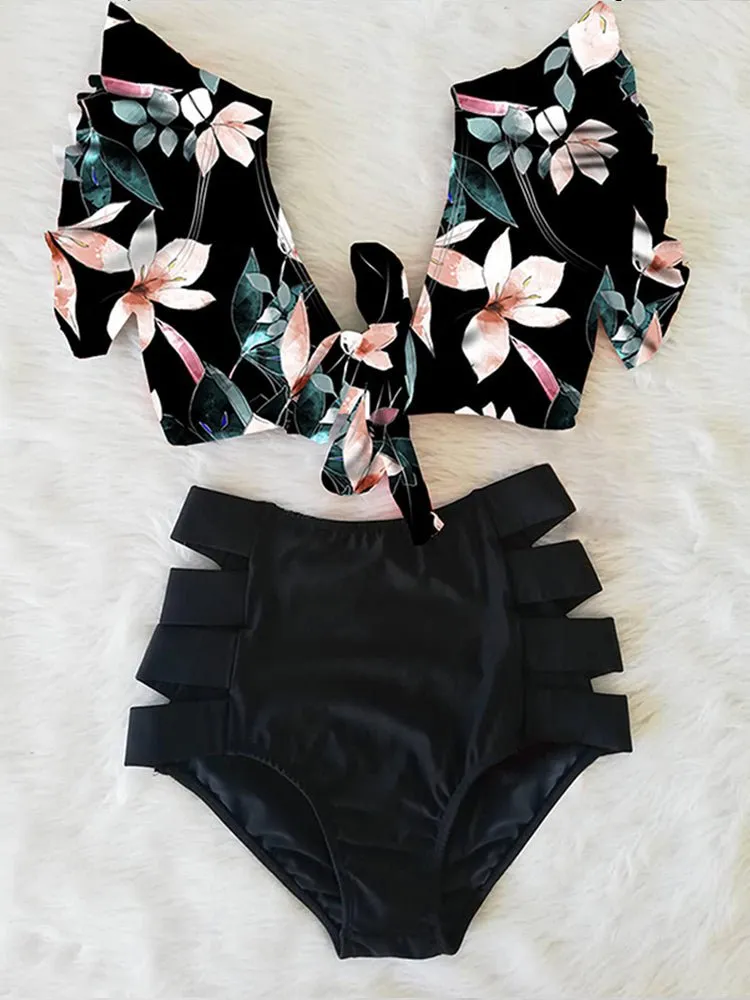 Floral Dreams Bikini-Set mit hoher Taille und Rüschen