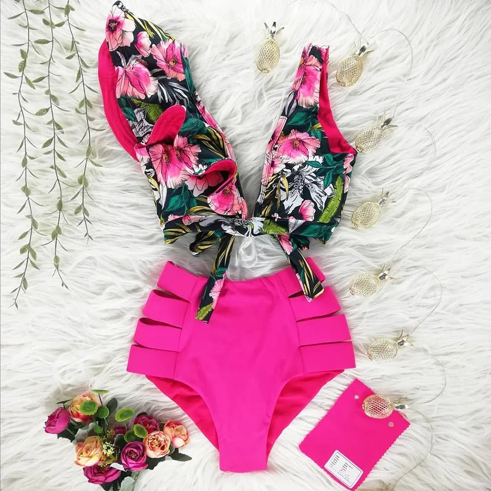 Floral Dreams Bikini-Set mit hoher Taille und Rüschen