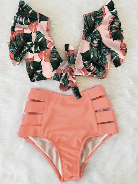 Floral Dreams Bikini-Set mit hoher Taille und Rüschen