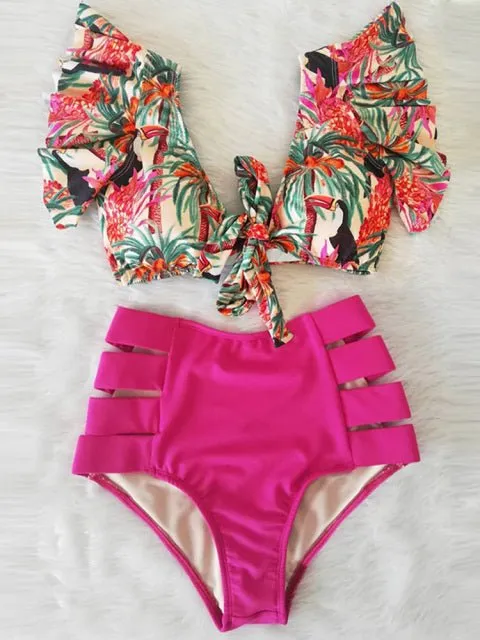 Floral Dreams Bikini-Set mit hoher Taille und Rüschen