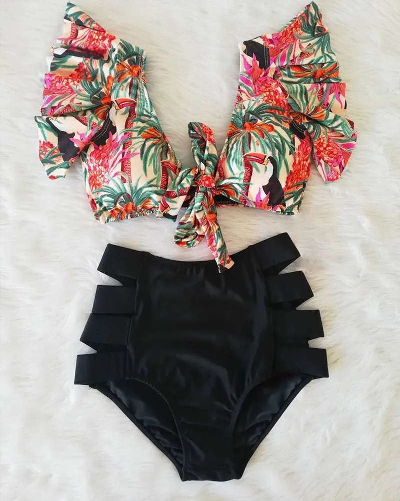 Floral Dreams Bikini-Set mit hoher Taille und Rüschen