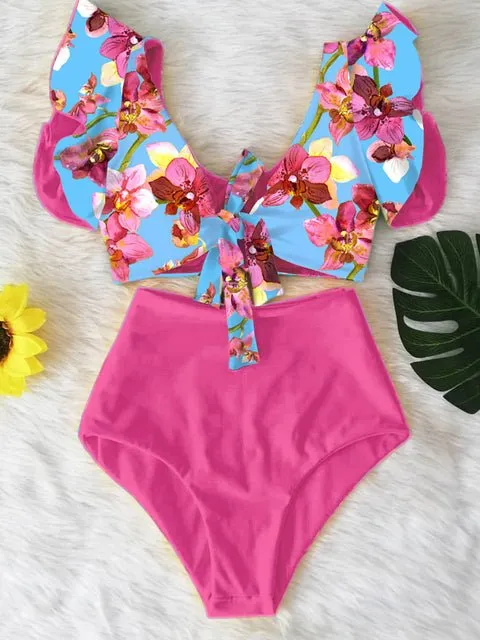 Floral Dreams Bikini-Set mit hoher Taille und Rüschen