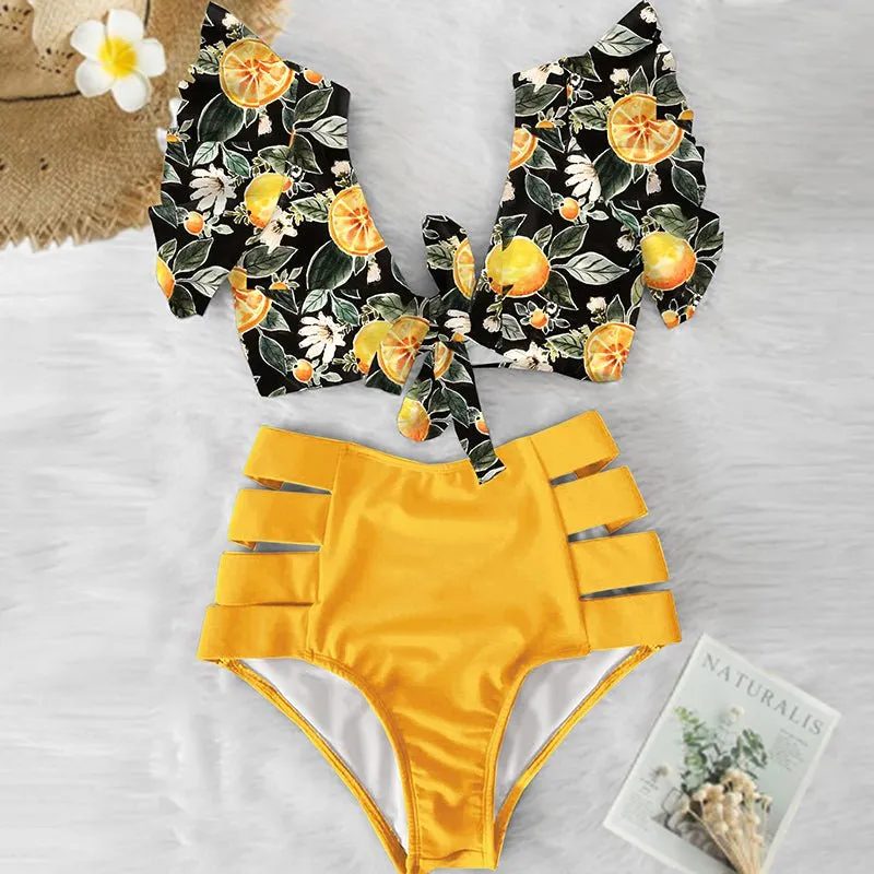 Floral Dreams Bikini-Set mit hoher Taille und Rüschen