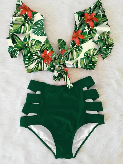 Floral Dreams Bikini-Set mit hoher Taille und Rüschen