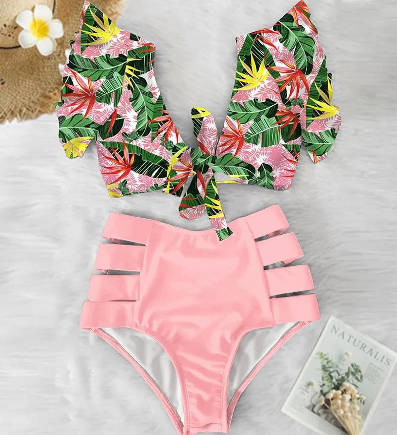 Floral Dreams Bikini-Set mit hoher Taille und Rüschen