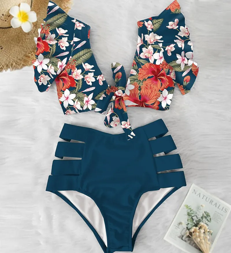 Floral Dreams Bikini-Set mit hoher Taille und Rüschen