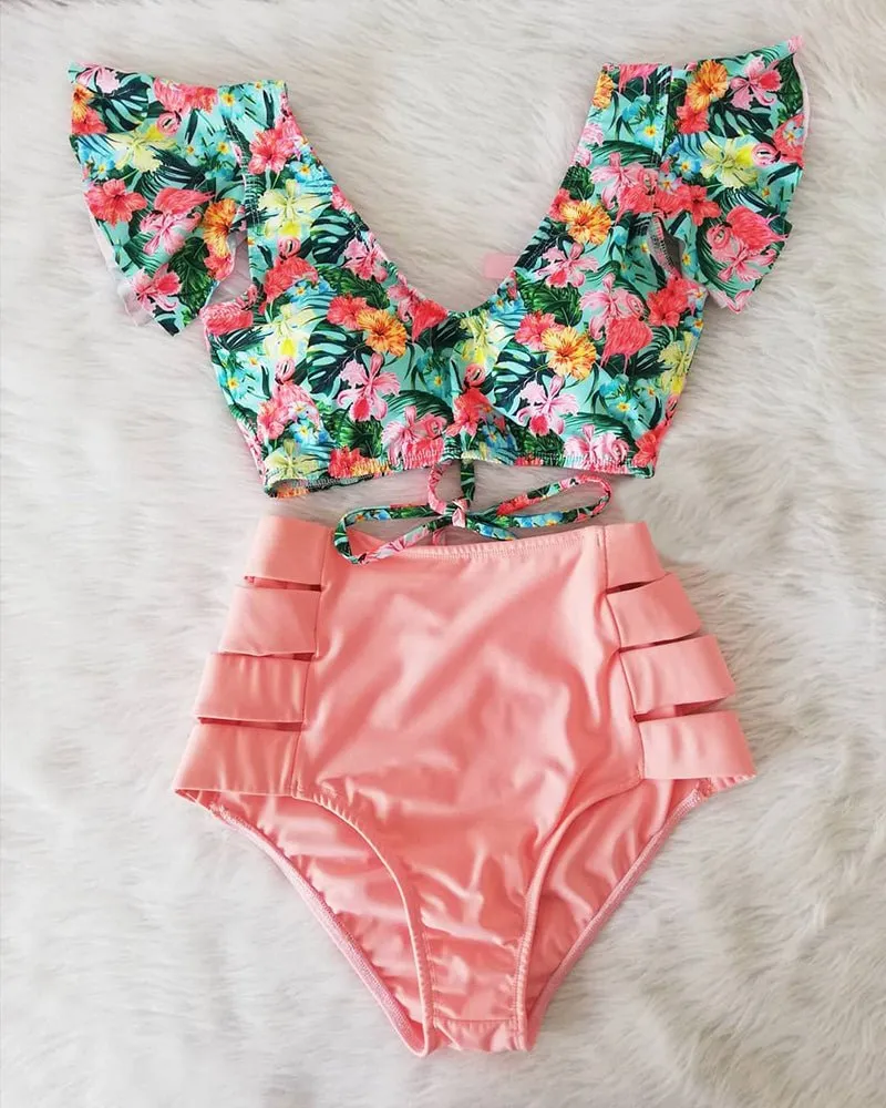 Floral Dreams Bikini-Set mit hoher Taille und Rüschen