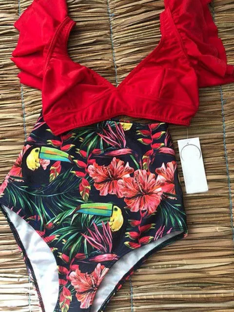 Floral Dreams Bikini-Set mit hoher Taille und Rüschen