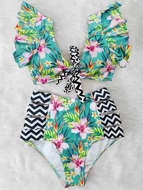 Floral Dreams Bikini-Set mit hoher Taille und Rüschen