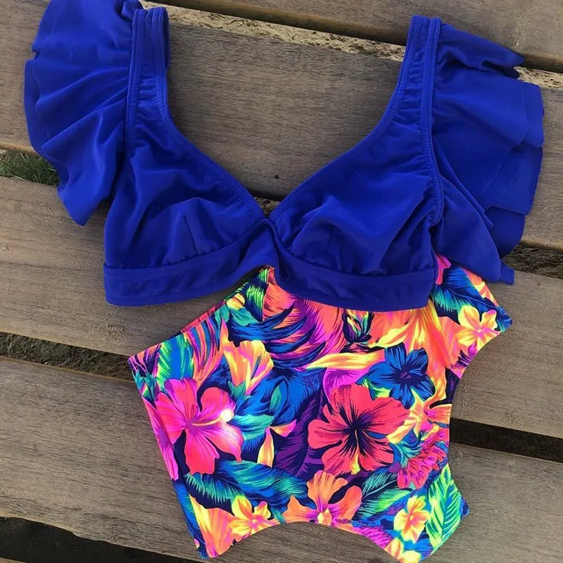 Floral Dreams Bikini-Set mit hoher Taille und Rüschen