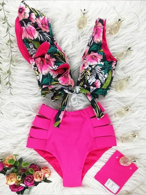 Floral Dreams Bikini-Set mit hoher Taille und Rüschen