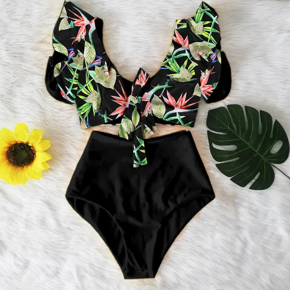 Floral Dreams Bikini-Set mit hoher Taille und Rüschen