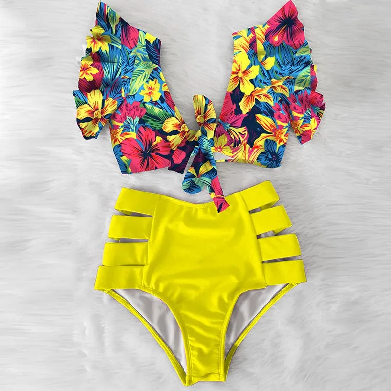 Floral Dreams Bikini-Set mit hoher Taille und Rüschen