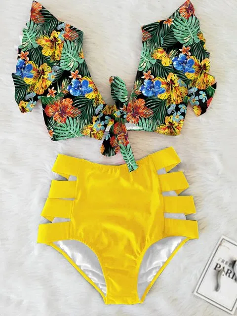 Floral Dreams Bikini-Set mit hoher Taille und Rüschen