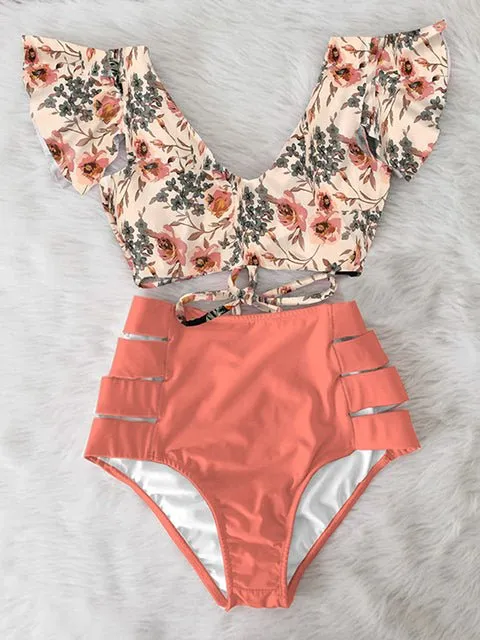 Floral Dreams Bikini-Set mit hoher Taille und Rüschen