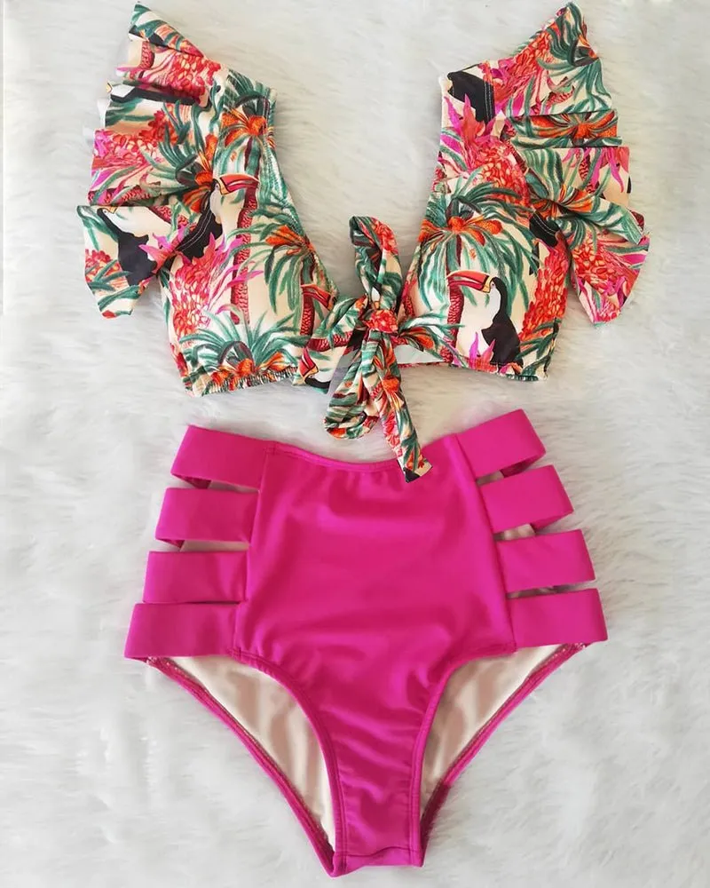 Floral Dreams Bikini-Set mit hoher Taille und Rüschen