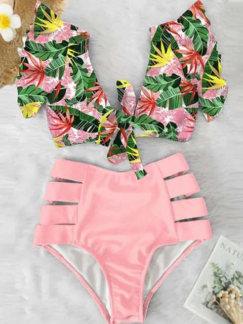 Floral Dreams Bikini-Set mit hoher Taille und Rüschen